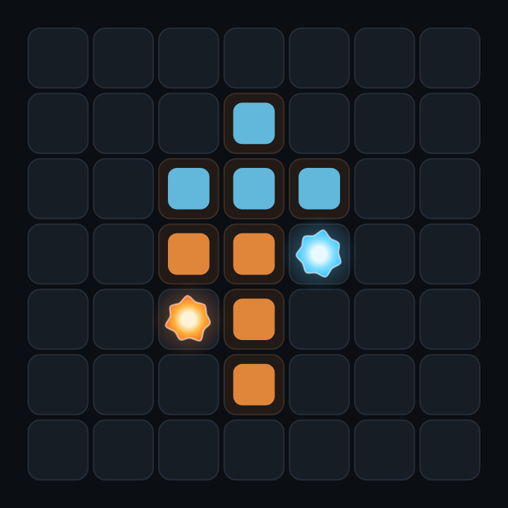 Mid-duel on the classic 7×7 board: both flames have burned trails behind them, and the open wood between them is running out.